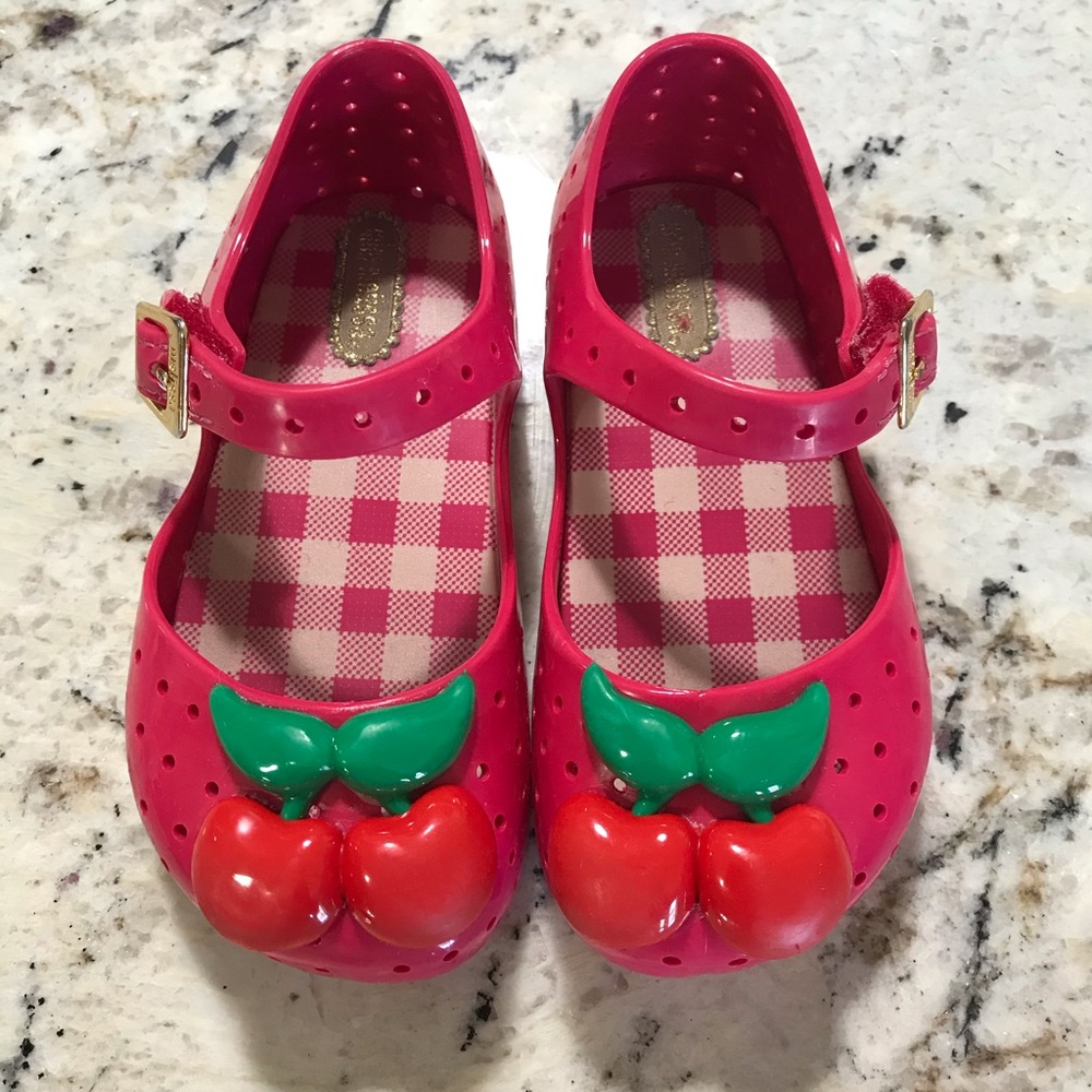 Girl mini melissa shoes hot pink red cherry themed cute